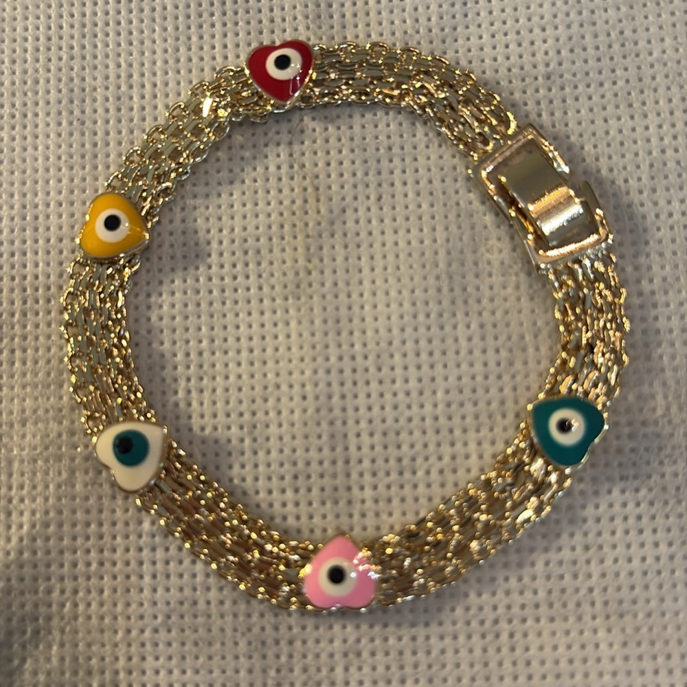 14k plated Gold Hearts Evil Eye Mesh Lightweight Bracelet fold over clasp